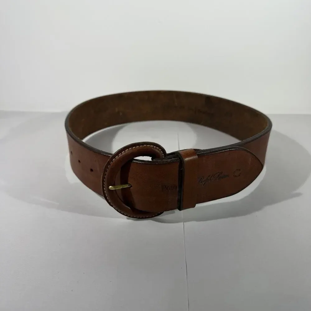 Vintage 90’s Polo Ralph Lauren Brown Leather Belt Size 30 Made in Italy Brass